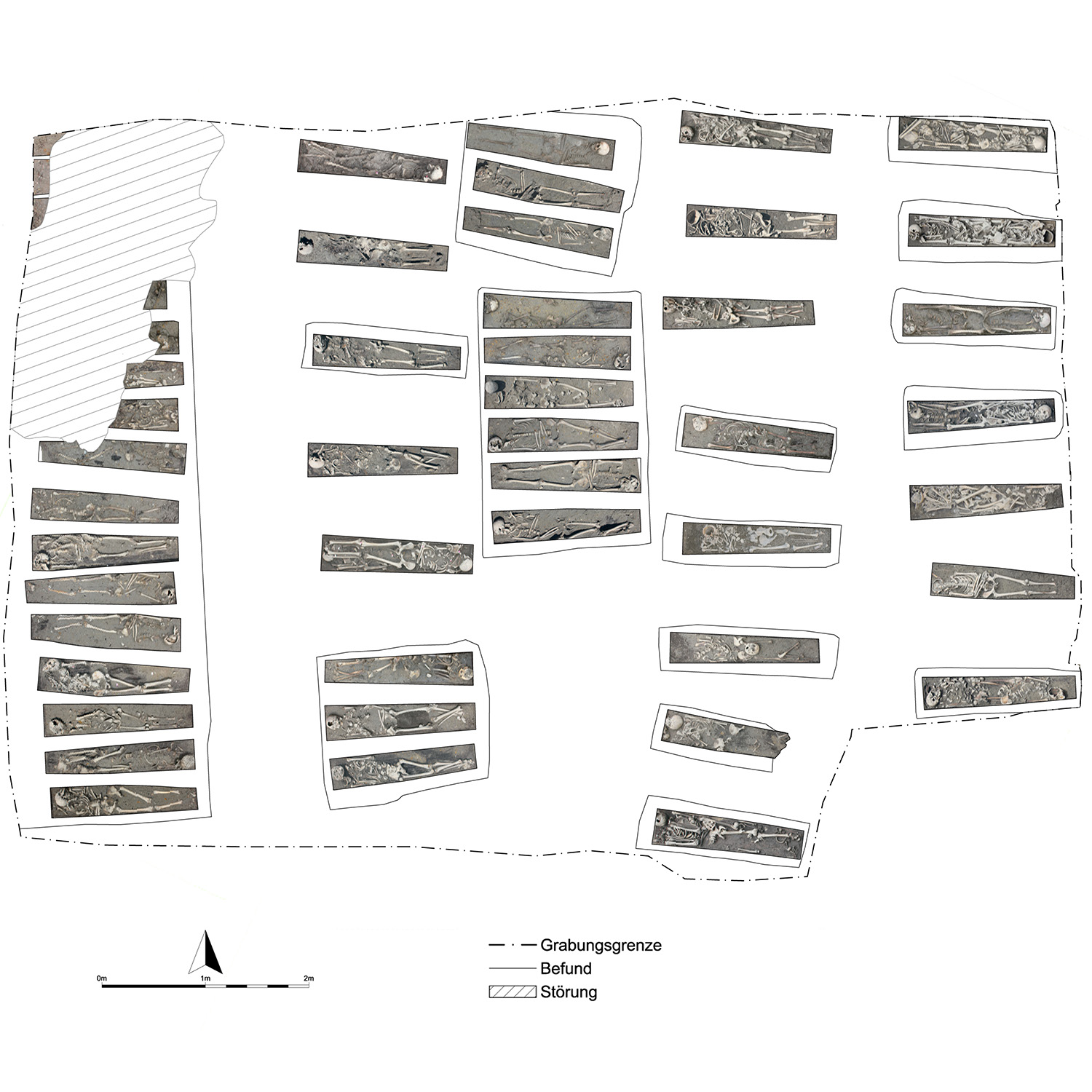 Plan der Grabung mit fotogrammetrischer Aufnahme der Bestattungen