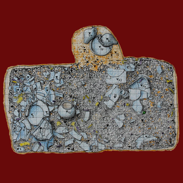 Archäologische Zeichnung eines römischen Bustum mit einer rechteckigen Grabgrube und einer halbrundlichen Nische